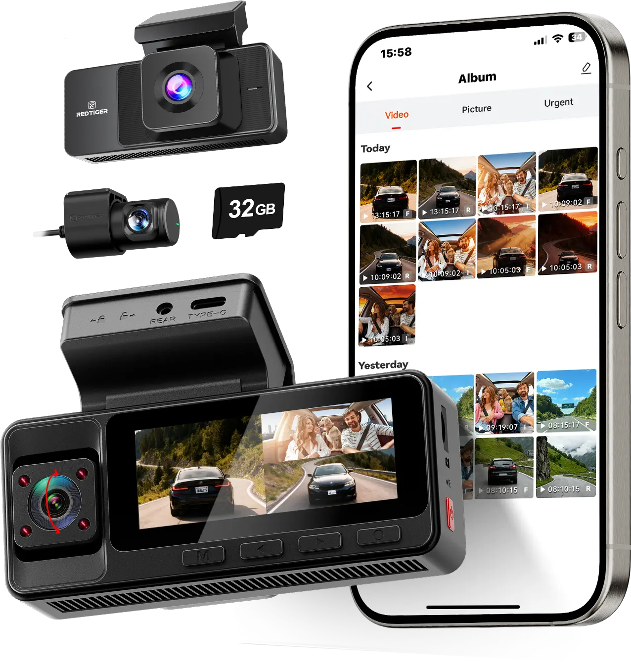 3 Channel WiFi Dash Cam – Front, Rear & Interior | 2.5K+1080P+1080P with 32GB SD Card