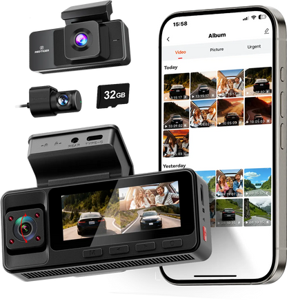 3 Channel WiFi Dash Cam – Front, Rear & Interior | 2.5K+1080P+1080P with 32GB SD Card