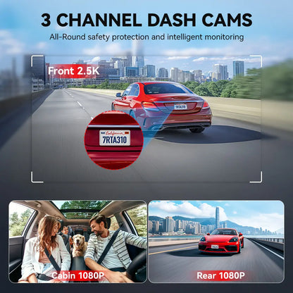 3 Channel WiFi Dash Cam – Front, Rear & Interior | 2.5K+1080P+1080P with 32GB SD Card