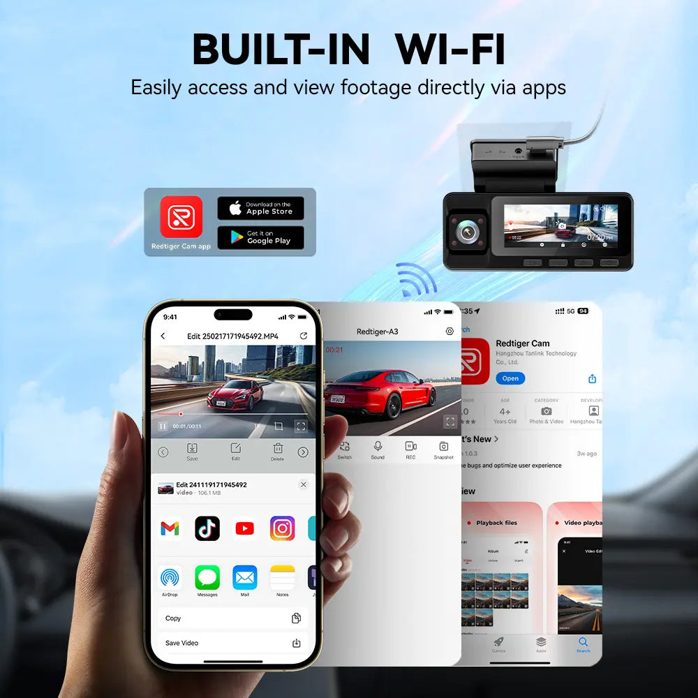 3 Channel WiFi Dash Cam – Front, Rear & Interior | 2.5K+1080P+1080P with 32GB SD Card