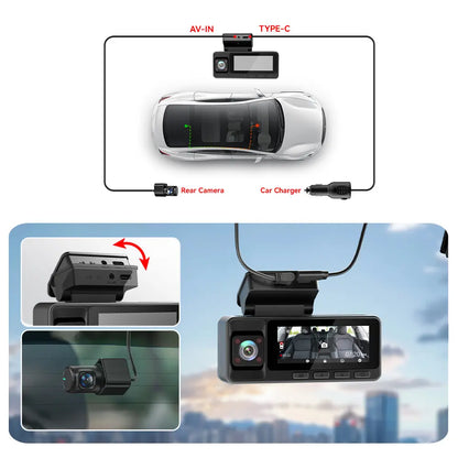 3 Channel WiFi Dash Cam – Front, Rear & Interior | 2.5K+1080P+1080P with 32GB SD Card