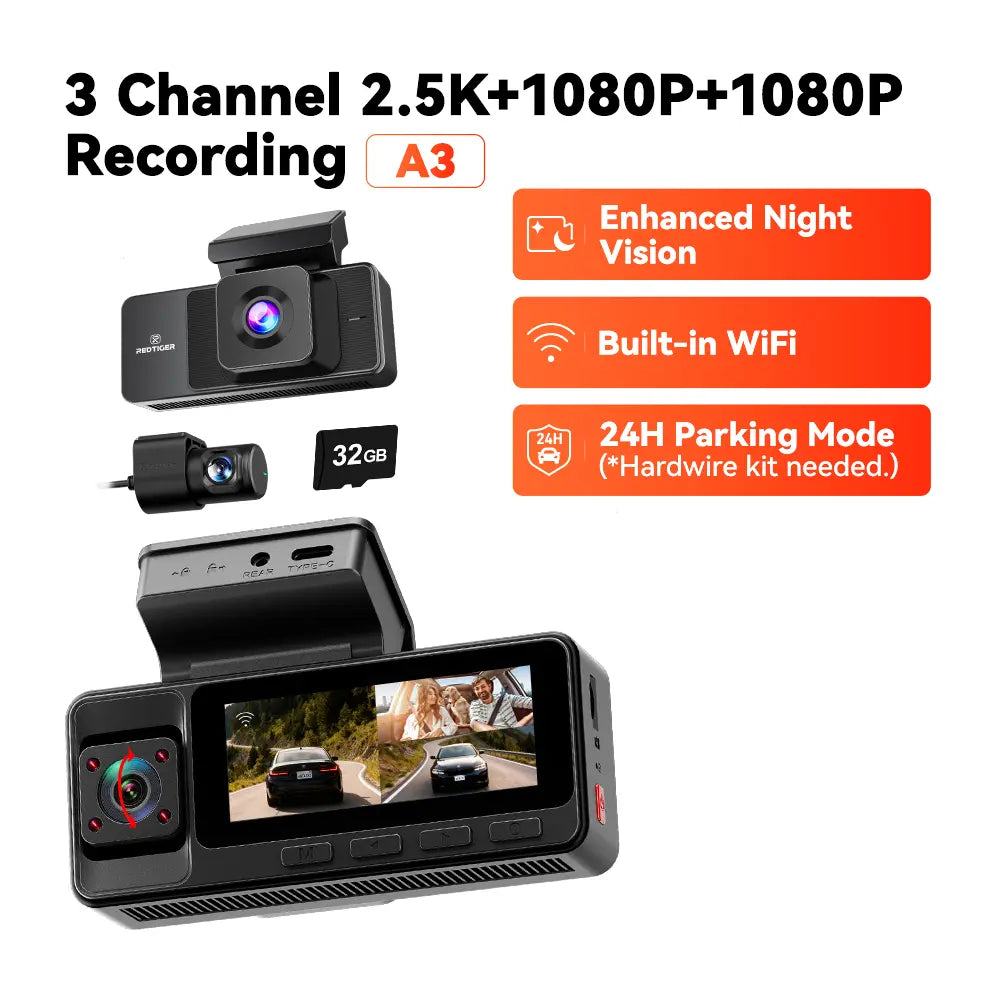 3 Channel WiFi Dash Cam – Front, Rear & Interior | 2.5K+1080P+1080P with 32GB SD Card
