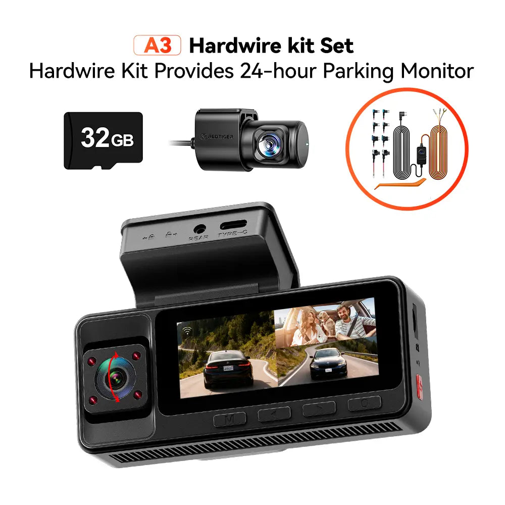 3 Channel WiFi Dash Cam – Front, Rear & Interior | 2.5K+1080P+1080P with 32GB SD Card