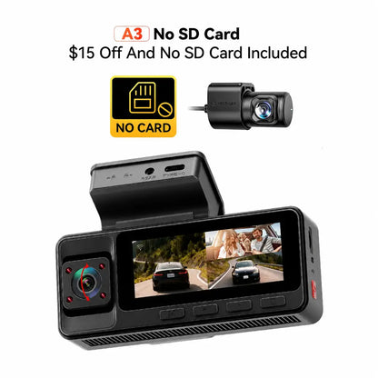 3 Channel WiFi Dash Cam – Front, Rear & Interior | 2.5K+1080P+1080P with 32GB SD Card