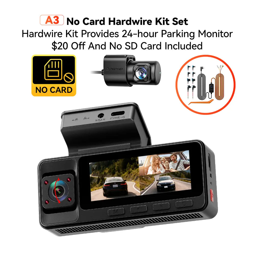3 Channel WiFi Dash Cam – Front, Rear & Interior | 2.5K+1080P+1080P with 32GB SD Card
