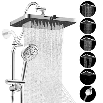 Chrome Fixed Shower Head Combo – 13'' High Pressure Rainfall, 10-Mode Handheld, 4-Way Diverter, cUPC Certified
